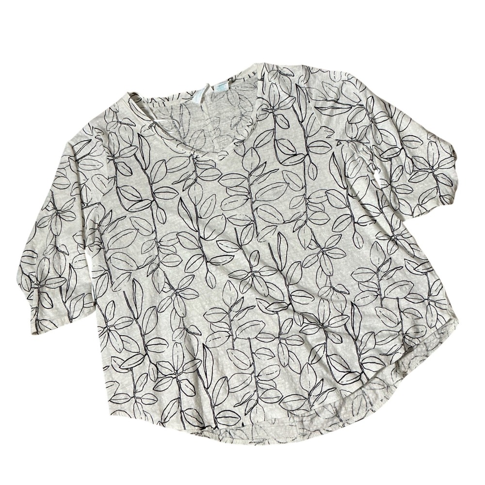Cynthia Rowley Coastal‎ Botanical Linen V-Neck Top Womens 1X White  Leaf Print